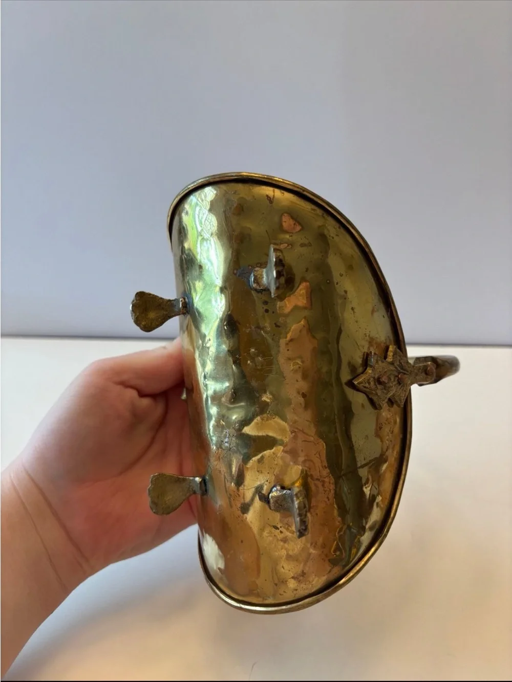 Vintage footed hammered brass mini basket/ mini log holder